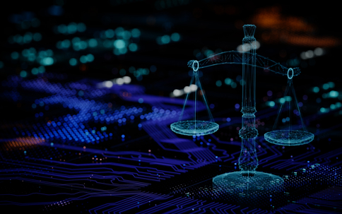 Digital balancing scale justice, fairness in modern technology environment. Holographic scales balance on illuminated datum background of ai circuitry. Innovation concept in abstract futuristic